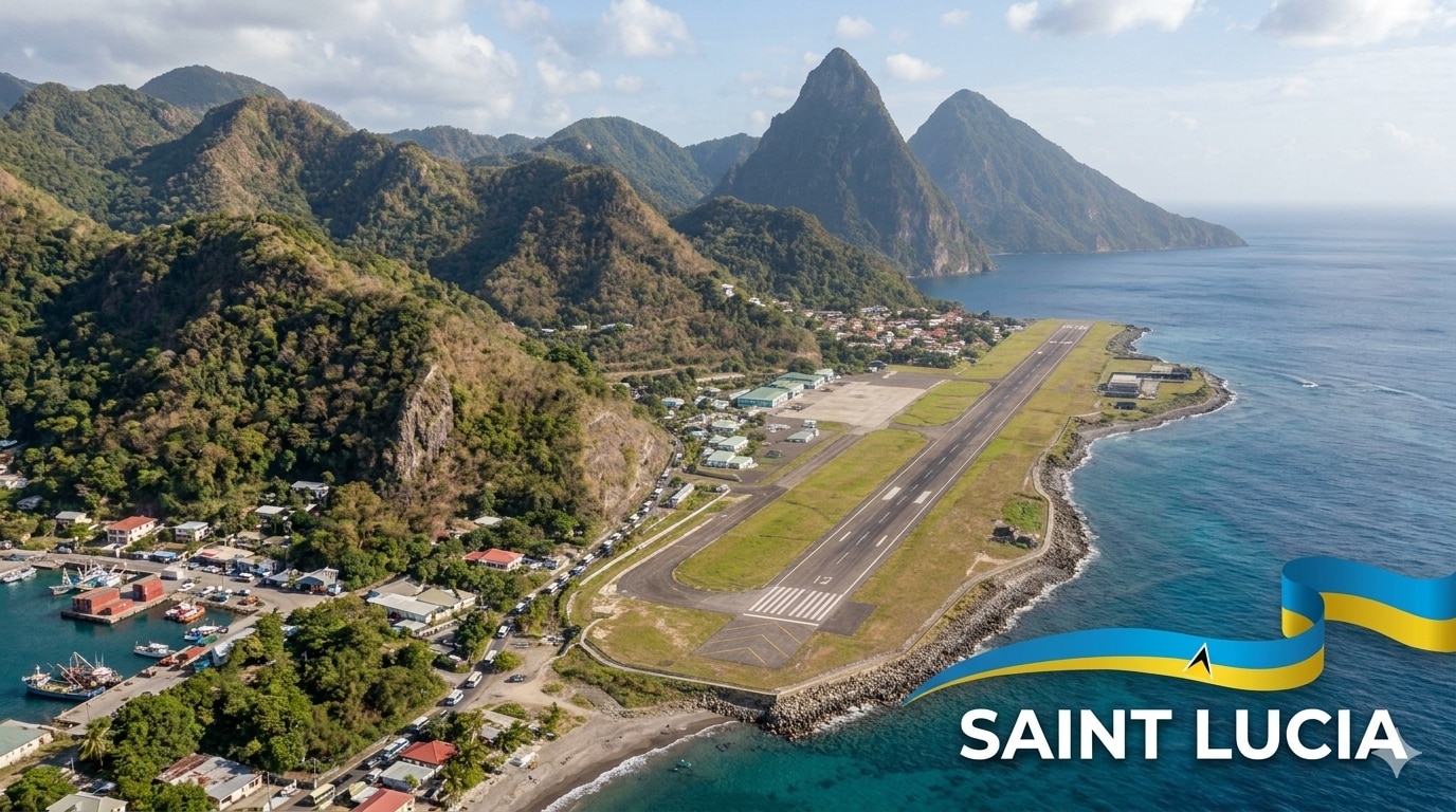 Avión aproximándose a la costa de Santa Lucía, donde la infraestructura crítica está cerca del mar